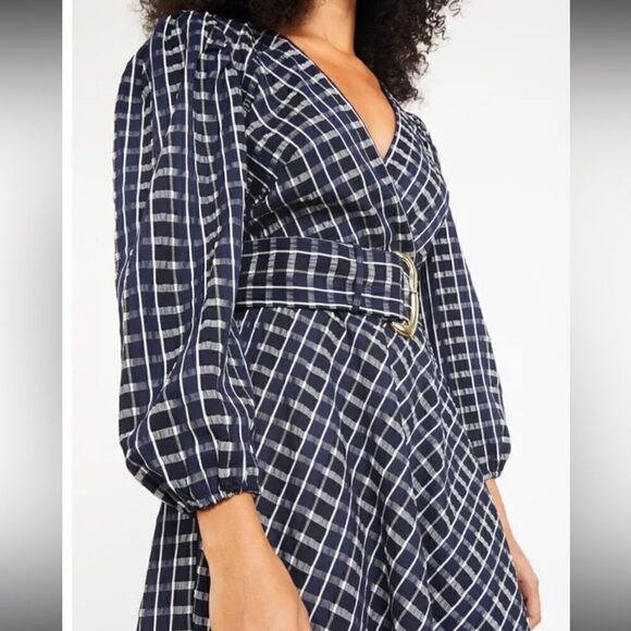 NWTs Tanya Taylor Nicola Puff-Sleeve Belted Check Mini Dress Size 2 - Picture 5 of 13